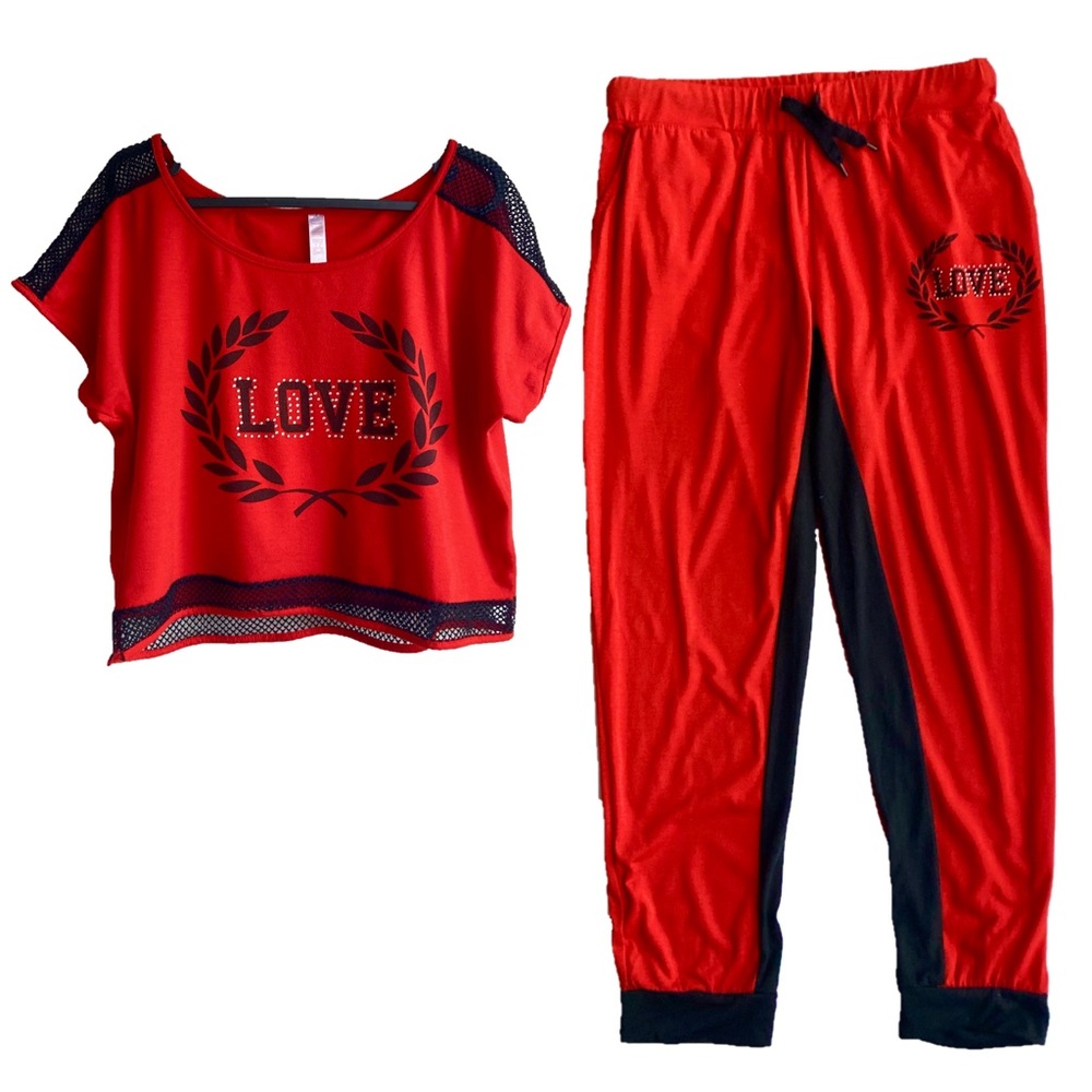 True Rock Crop Top & Pants Co-Ord - Red & Black - Womens M/L or Juniors XXL